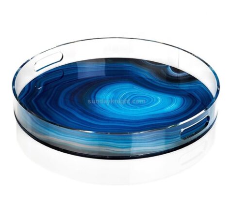 SKAT-140-2 Custom Round Acrylic Tray Lucite Circle Serving Tray With Handles Wholesale