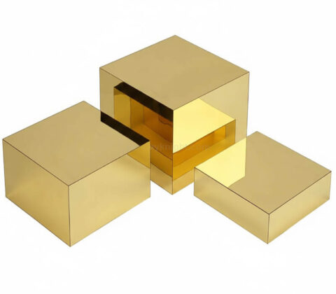 Expositor estereoscópico acrílico dorado con espejo personalizado