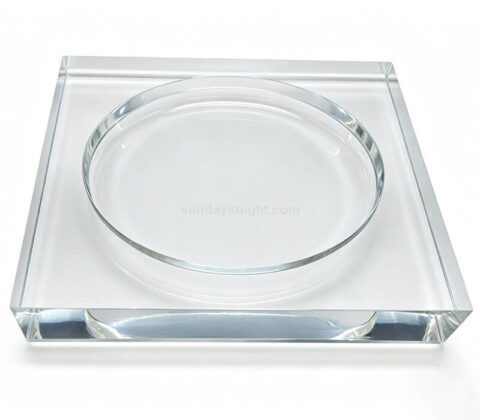Bandeja acrílica cuadrada transparente personalizada con pocillo redondo