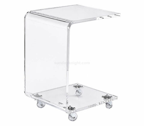 Table en acrylique transparent sur mesure, modèle en C, avec roulettes