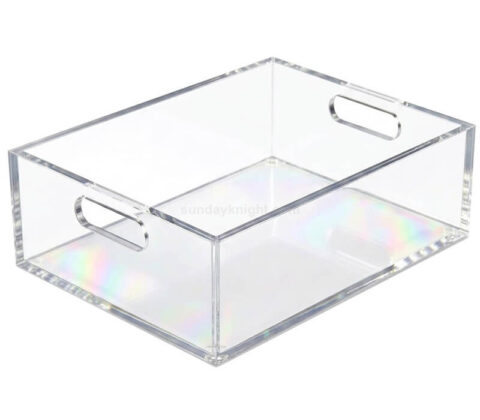 Bandeja rectangular alta de acrílico transparente personalizada con asas