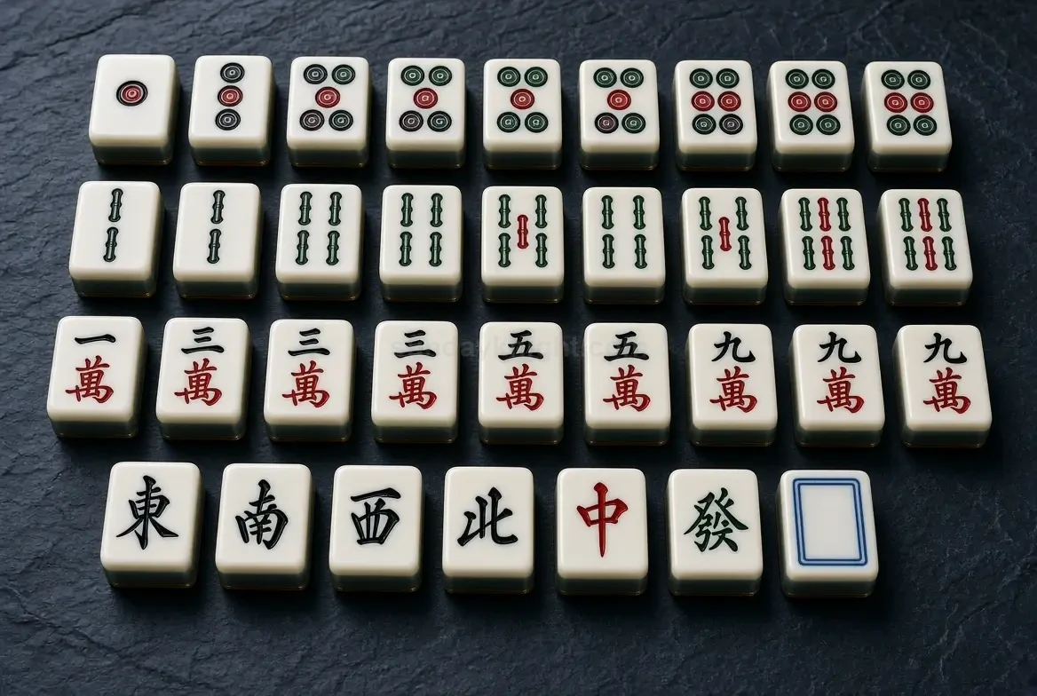 File di tessere da mahjong raffiguranti punti, bambù, caratteri, venti e draghi